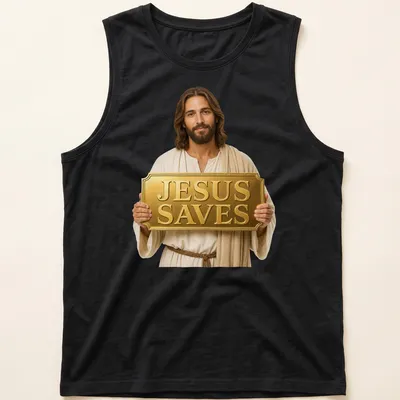 Realistic illustration of Jesus holding a golden sign that reads JESUS SAVES — printed on a tank top