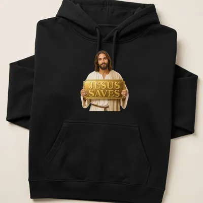 Realistic illustration of Jesus holding a golden sign that reads JESUS SAVES — printed on a unisex hoodie