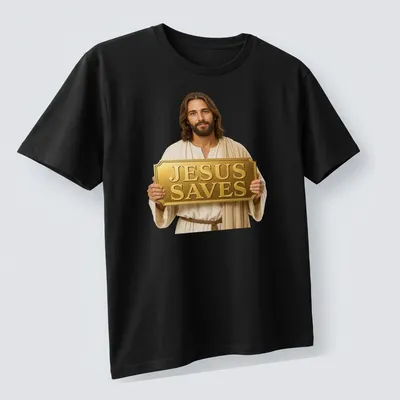 Realistic illustration of Jesus holding a golden sign that reads JESUS SAVES — printed on a unisex t-shirt (angled view)
