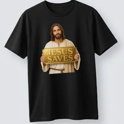 Realistic illustration of Jesus holding a golden sign that reads JESUS SAVES