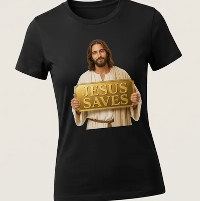 Realistic illustration of Jesus holding a golden sign that reads JESUS SAVES — printed on a women's shirt