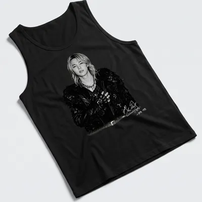 Black and white portrait of Jimin from BTS, featuring grayscale illustration — printed on a tank top