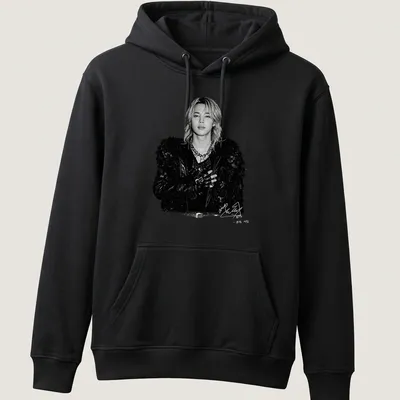 Black and white portrait of Jimin from BTS, featuring grayscale illustration — printed on a unisex hoodie
