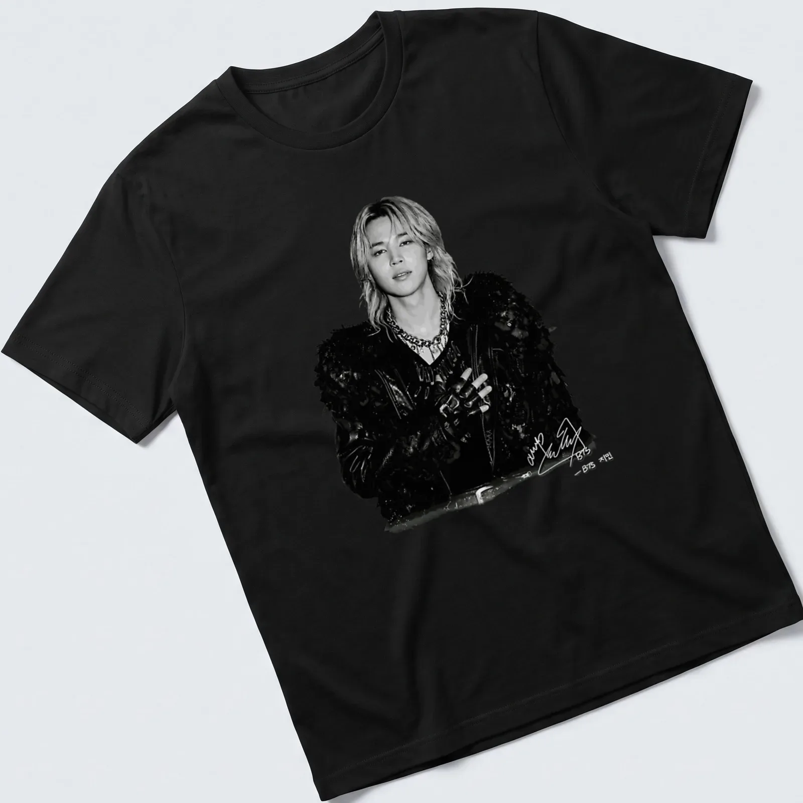 Black and white portrait of Jimin from BTS, featuring grayscale illustration — printed on a unisex t-shirt