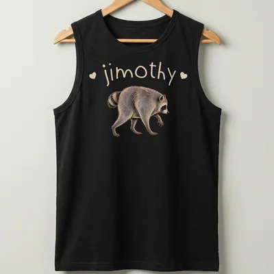Retro raccoon design with the name jimothy, in brown and beige. — printed on a tank top