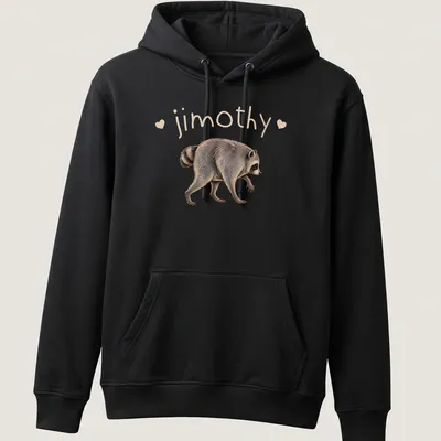 Retro raccoon design with the name jimothy, in brown and beige. — printed on a unisex hoodie