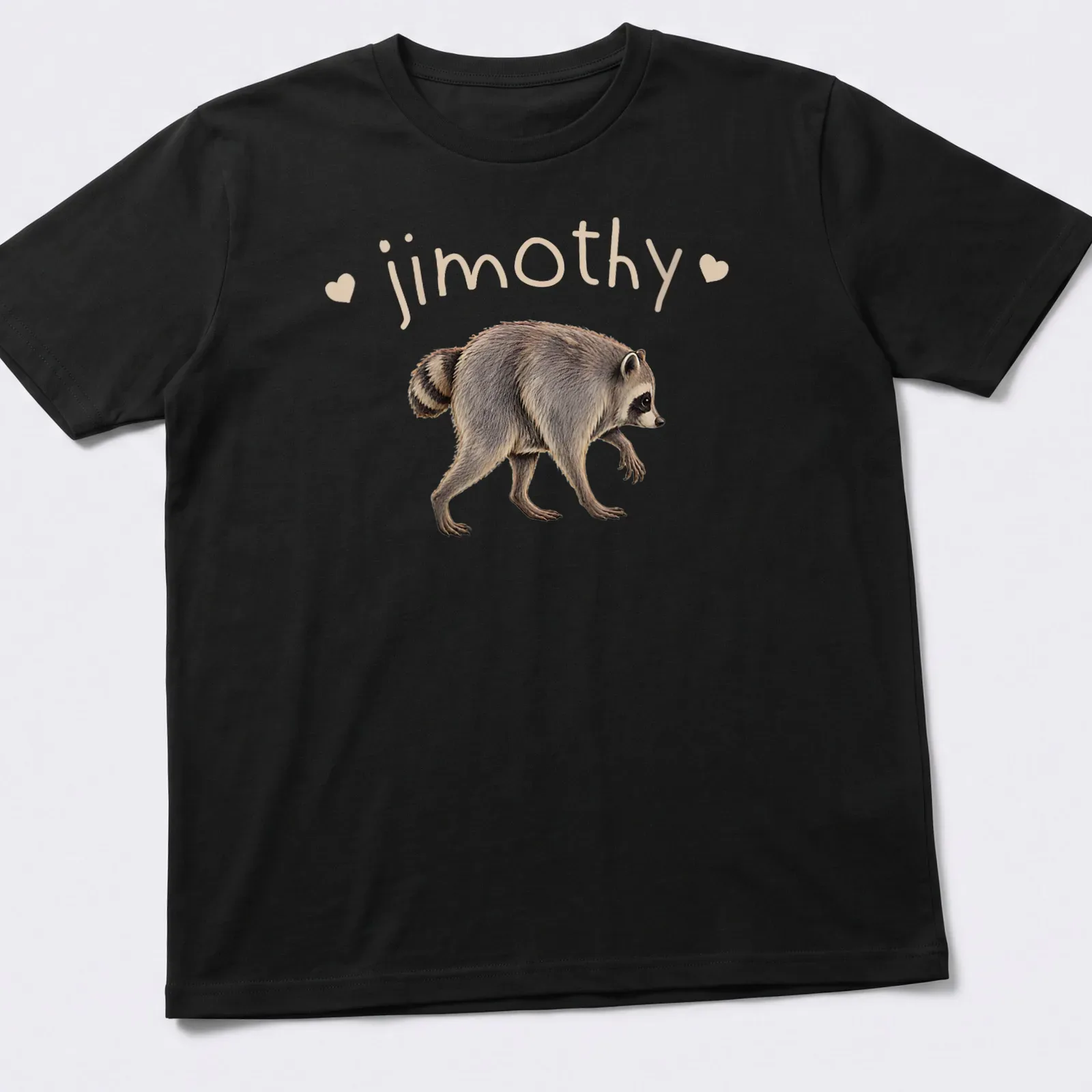 Retro raccoon design with the name jimothy, in brown and beige. — printed on a unisex t-shirt