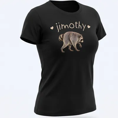 Retro raccoon design with the name jimothy, in brown and beige. — printed on a women's shirt