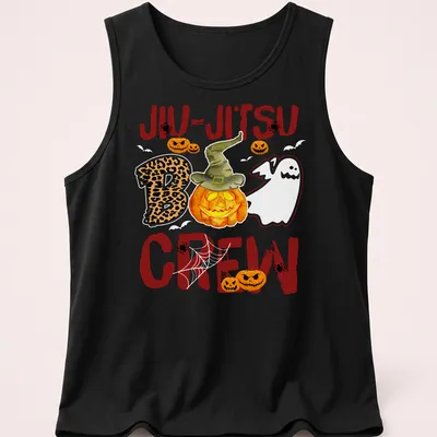 Whimsical cartoon of pumpkin with hat and ghost alongside Jiu-Jitsu Boo Crew text — printed on a tank top
