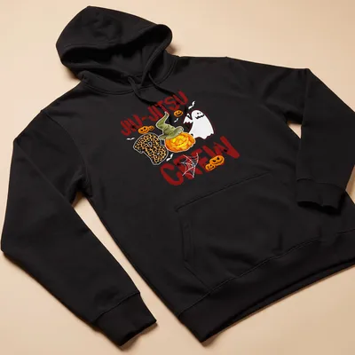 Whimsical cartoon of pumpkin with hat and ghost alongside Jiu-Jitsu Boo Crew text — printed on a unisex hoodie