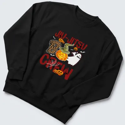 Whimsical cartoon of pumpkin with hat and ghost alongside Jiu-Jitsu Boo Crew text — printed on a unisex sweatshirt