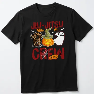 Whimsical cartoon of pumpkin with hat and ghost alongside Jiu-Jitsu Boo Crew text