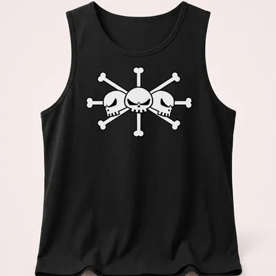 Bold line-art skull and crossbones pirate design in black and white — printed on a tank top