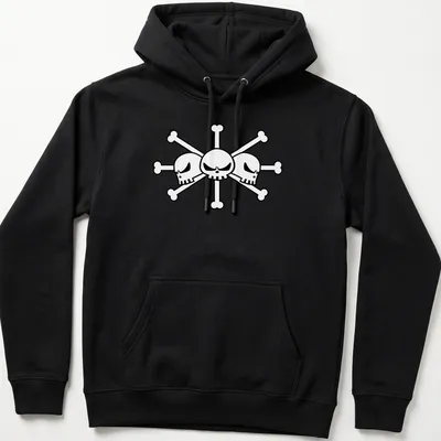 Bold line-art skull and crossbones pirate design in black and white — printed on a unisex hoodie