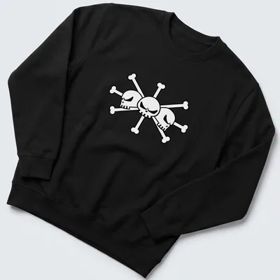 Bold line-art skull and crossbones pirate design in black and white — printed on a unisex sweatshirt