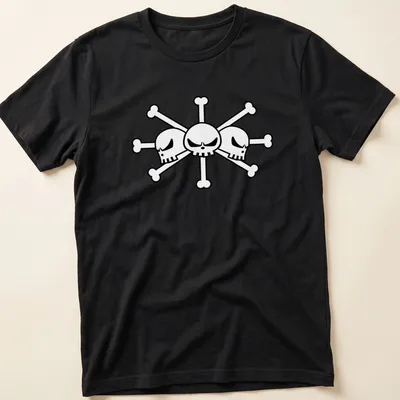 Bold line-art skull and crossbones pirate design in black and white