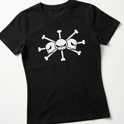 Bold line-art skull and crossbones pirate design in black and white — printed on a women's shirt