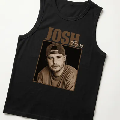 Vintage sepia-toned t-shirt featuring Josh Ross in brown, beige, and black — printed on a tank top
