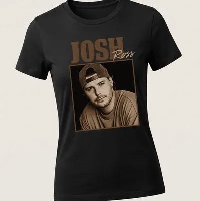 Vintage sepia-toned t-shirt featuring Josh Ross in brown, beige, and black — printed on a women's shirt