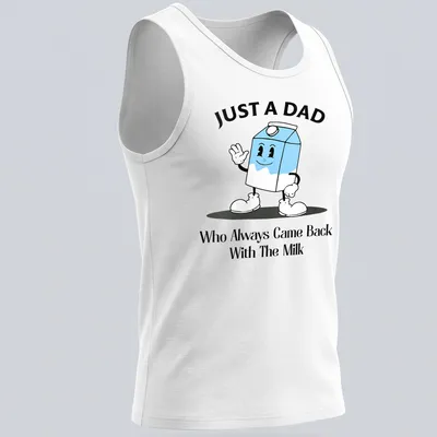 Playful cartoon milk box with humorous text about fathers returning with milk. — printed on a tank top