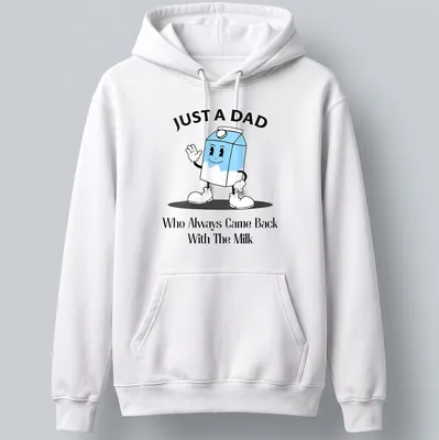 Playful cartoon milk box with humorous text about fathers returning with milk. — printed on a unisex hoodie