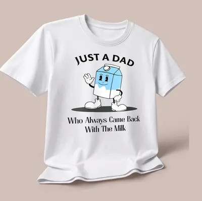 Playful cartoon milk box with humorous text about fathers returning with milk. — printed on a unisex t-shirt (angled view)