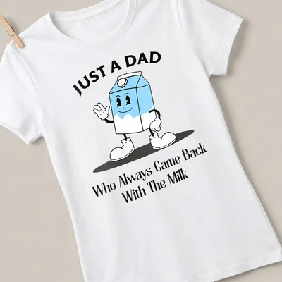 Playful cartoon milk box with humorous text about fathers returning with milk. — printed on a women's shirt