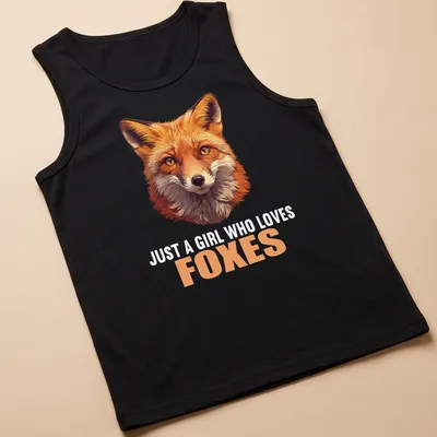 Realistic illustration of a fox with the text 'Just A Girl Who Loves Foxes' — printed on a tank top