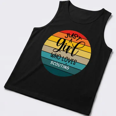 Retro circle design with text about loving scouting in warm sunset colors. — printed on a tank top
