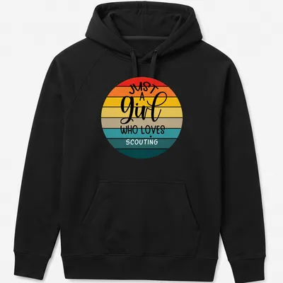 Retro circle design with text about loving scouting in warm sunset colors. — printed on a unisex hoodie