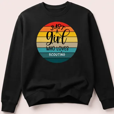 Retro circle design with text about loving scouting in warm sunset colors. — printed on a unisex sweatshirt