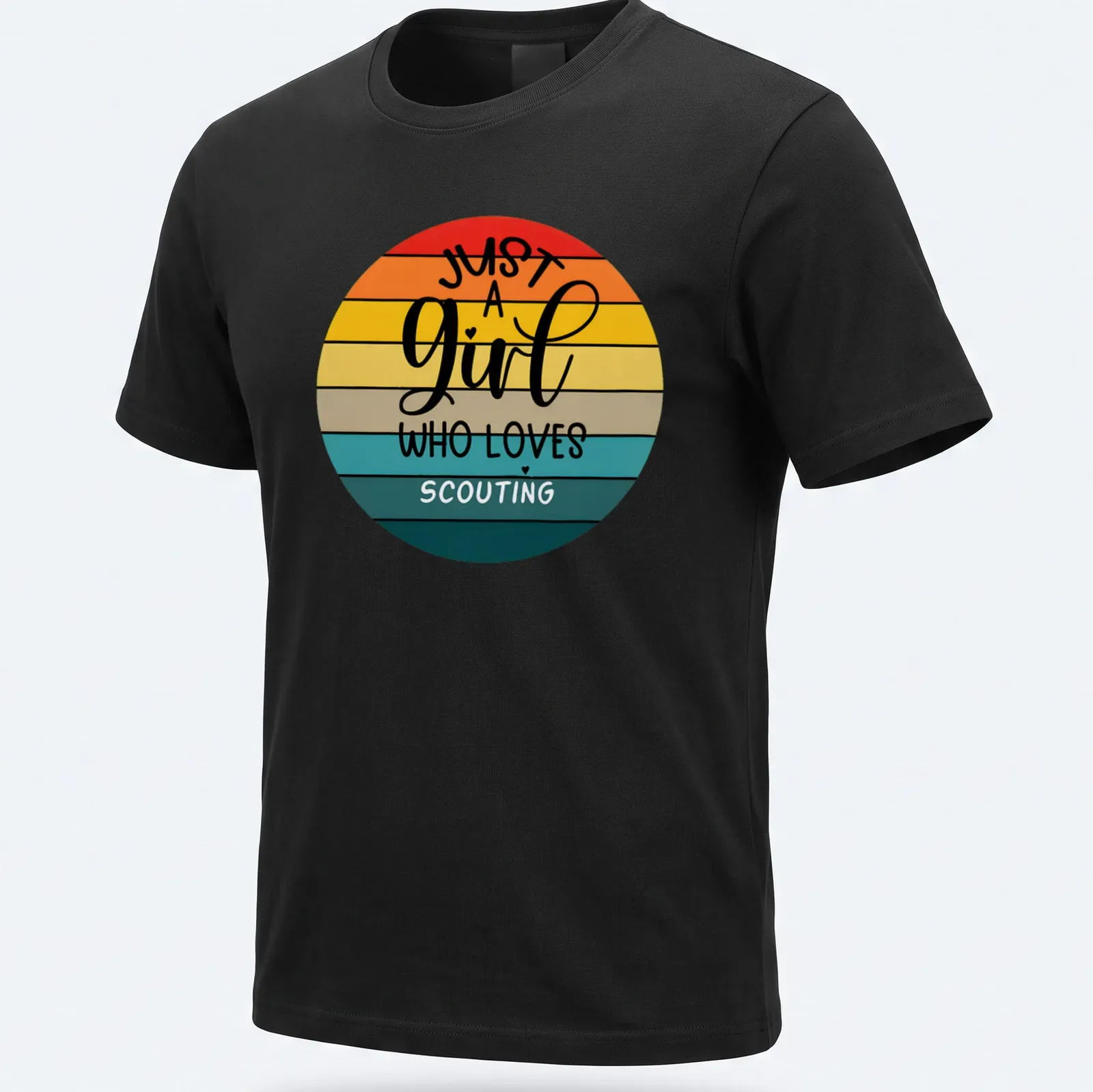 Retro circle design with text about loving scouting in warm sunset colors. — printed on a unisex t-shirt