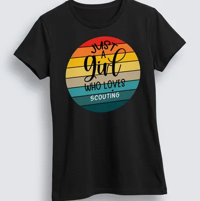 Retro circle design with text about loving scouting in warm sunset colors. — printed on a women's shirt