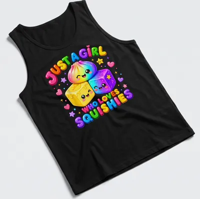 Colorful cartoon T-shirt with kawaii squishy characters and fun lettering — printed on a tank top