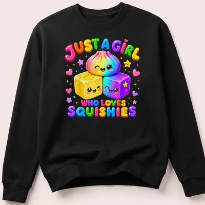 Colorful cartoon T-shirt with kawaii squishy characters and fun lettering — printed on a unisex sweatshirt
