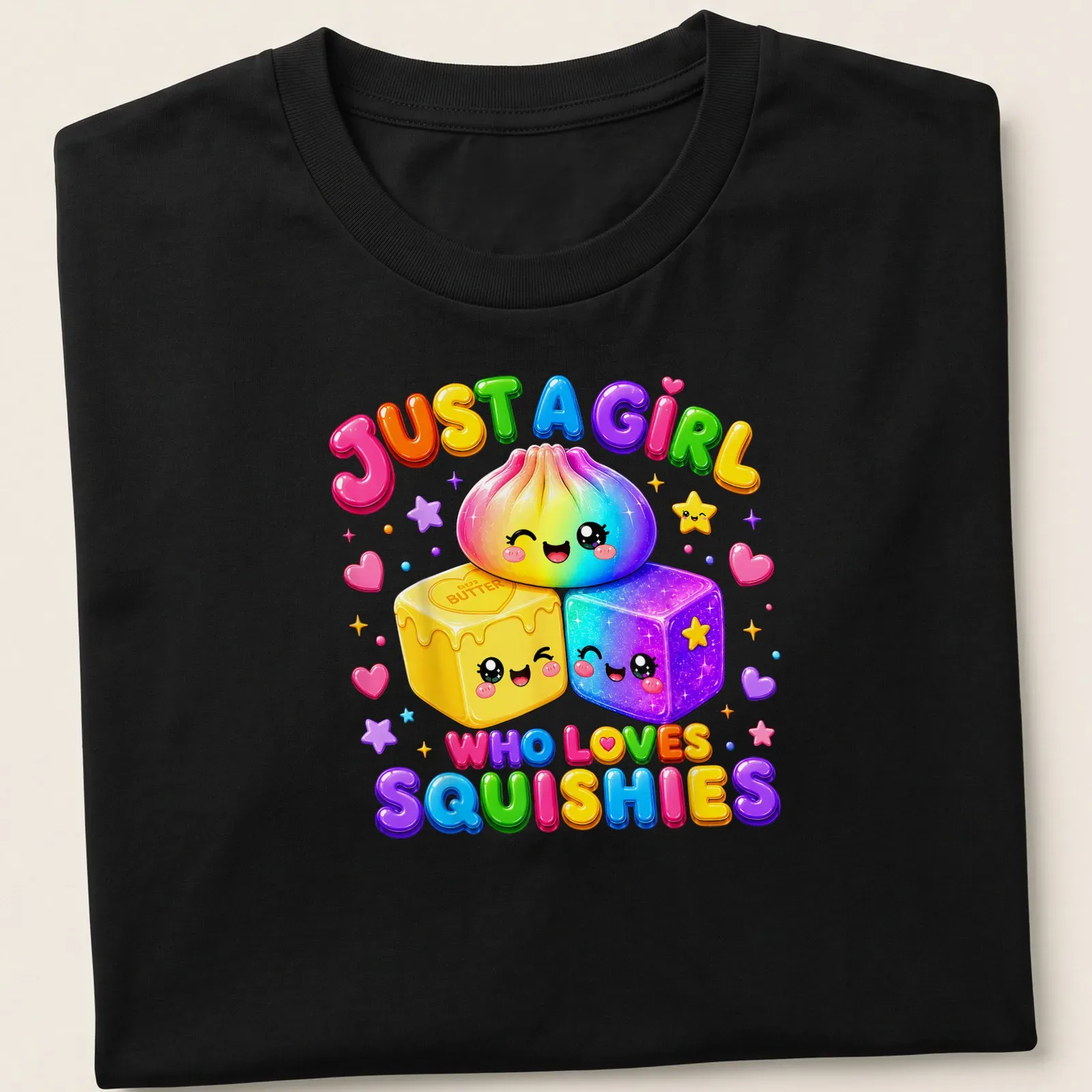 Colorful cartoon T-shirt with kawaii squishy characters and fun lettering — printed on a unisex t-shirt