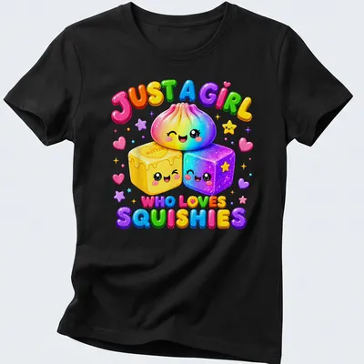 Colorful cartoon T-shirt with kawaii squishy characters and fun lettering — printed on a women's shirt