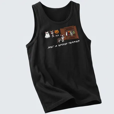 Kawaii cartoon Boston Terrier in Halloween-themed attire with spooky text — printed on a tank top