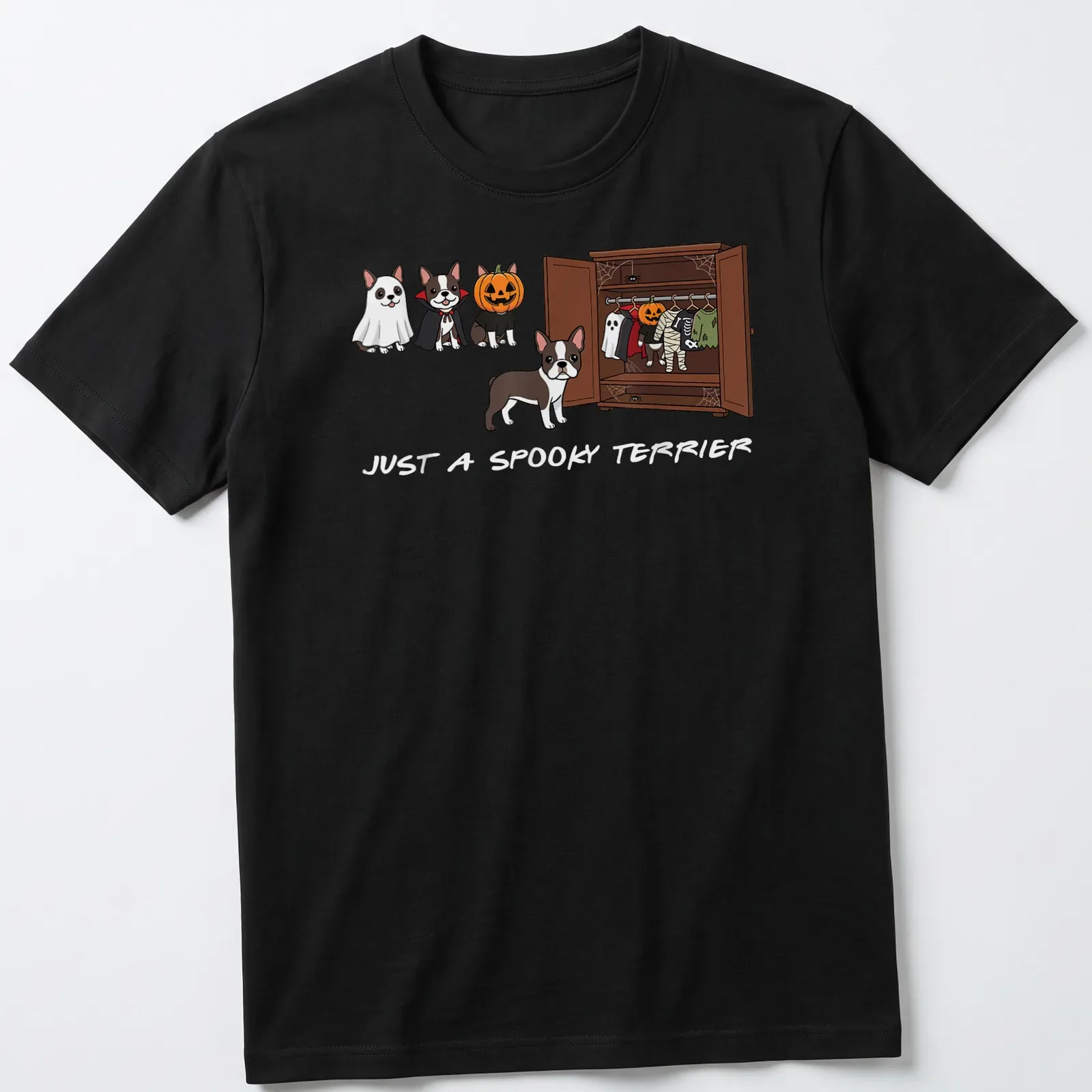 Kawaii cartoon Boston Terrier in Halloween-themed attire with spooky text — printed on a unisex t-shirt