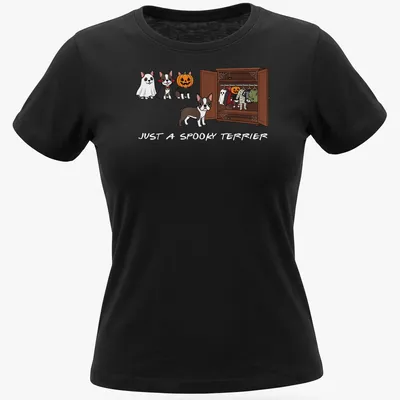 Kawaii cartoon Boston Terrier in Halloween-themed attire with spooky text — printed on a women's shirt