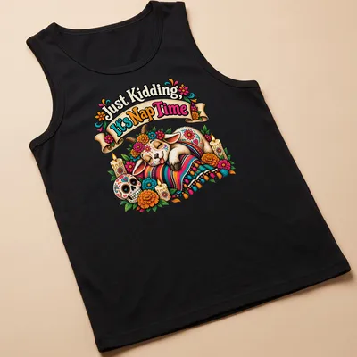 A whimsical goat illustration with marigold flowers and humorous text about napping — printed on a tank top