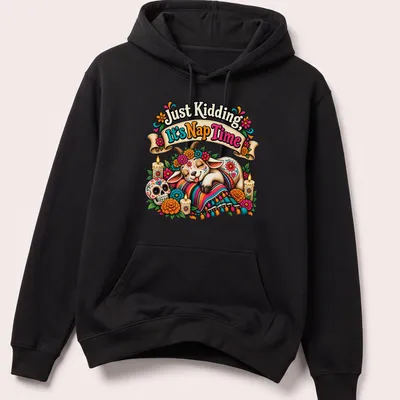 A whimsical goat illustration with marigold flowers and humorous text about napping — printed on a unisex hoodie