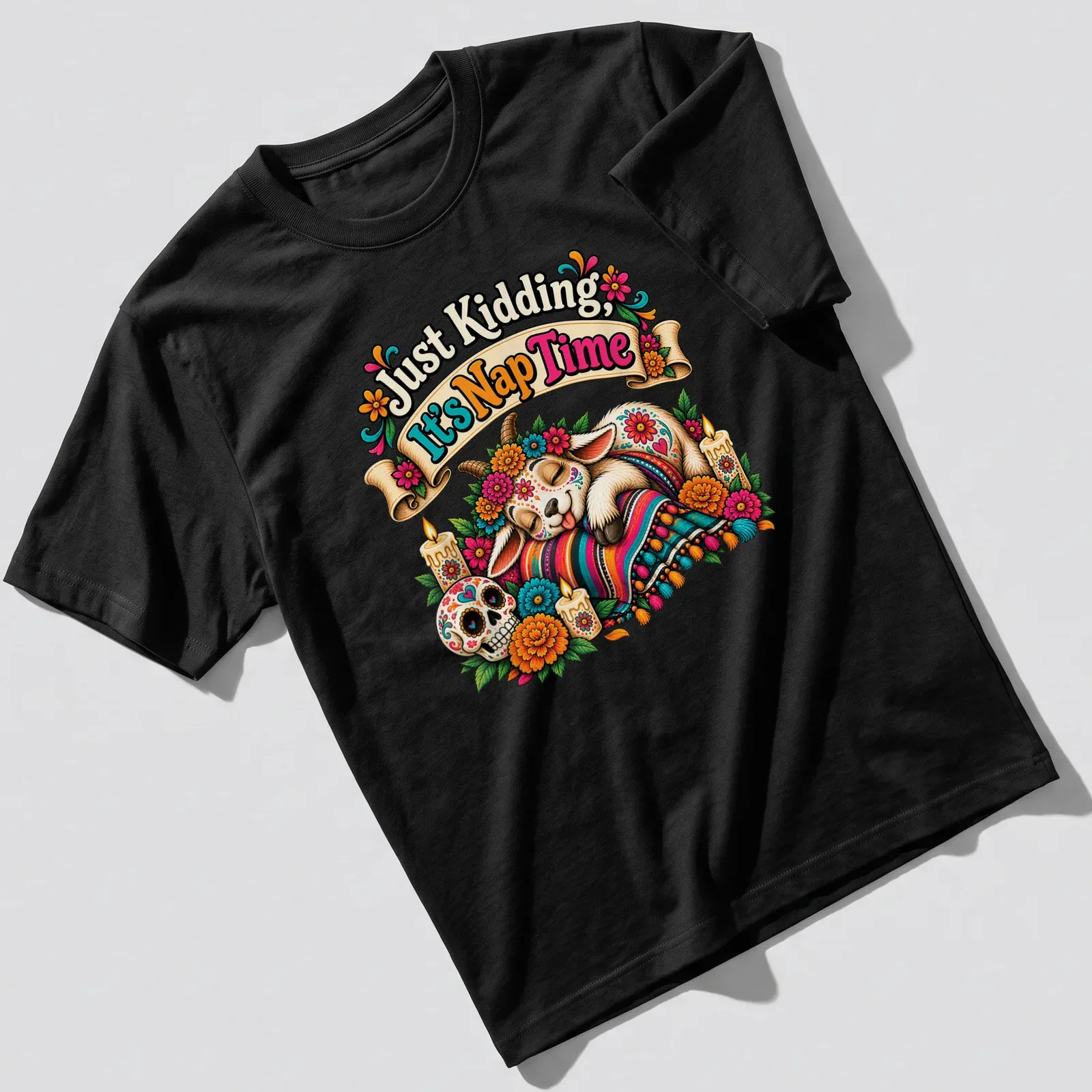 A whimsical goat illustration with marigold flowers and humorous text about napping — printed on a unisex t-shirt