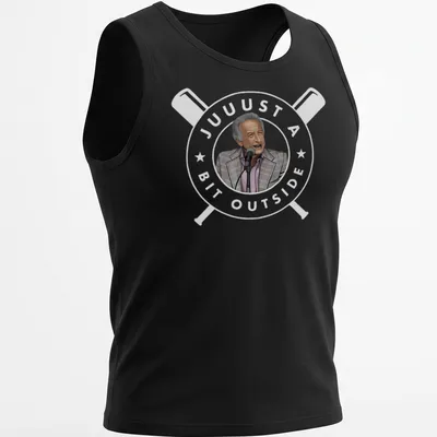 Cartoon of a man at a microphone in gray, light pink, black, and white colors — printed on a tank top