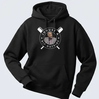 Cartoon of a man at a microphone in gray, light pink, black, and white colors — printed on a unisex hoodie