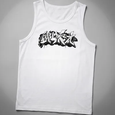 Japanese Kanji graffiti design in bold black and white on street style — printed on a tank top