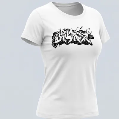 Japanese Kanji graffiti design in bold black and white on street style — printed on a women's shirt