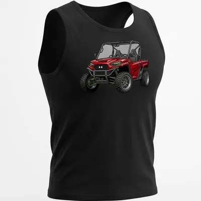 Detailed illustration of a red UTV with text 'Kawasaki Ridge XR Deluxe' — printed on a tank top