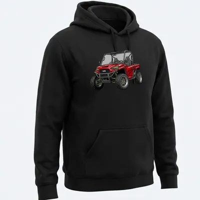 Detailed illustration of a red UTV with text 'Kawasaki Ridge XR Deluxe' — printed on a unisex hoodie