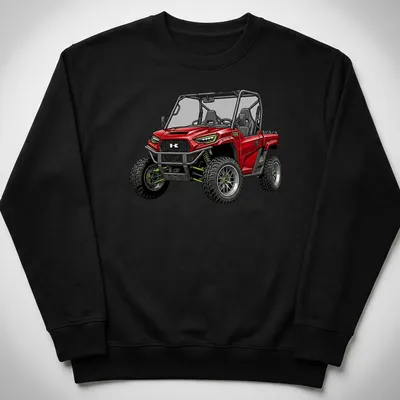Detailed illustration of a red UTV with text 'Kawasaki Ridge XR Deluxe' — printed on a unisex sweatshirt